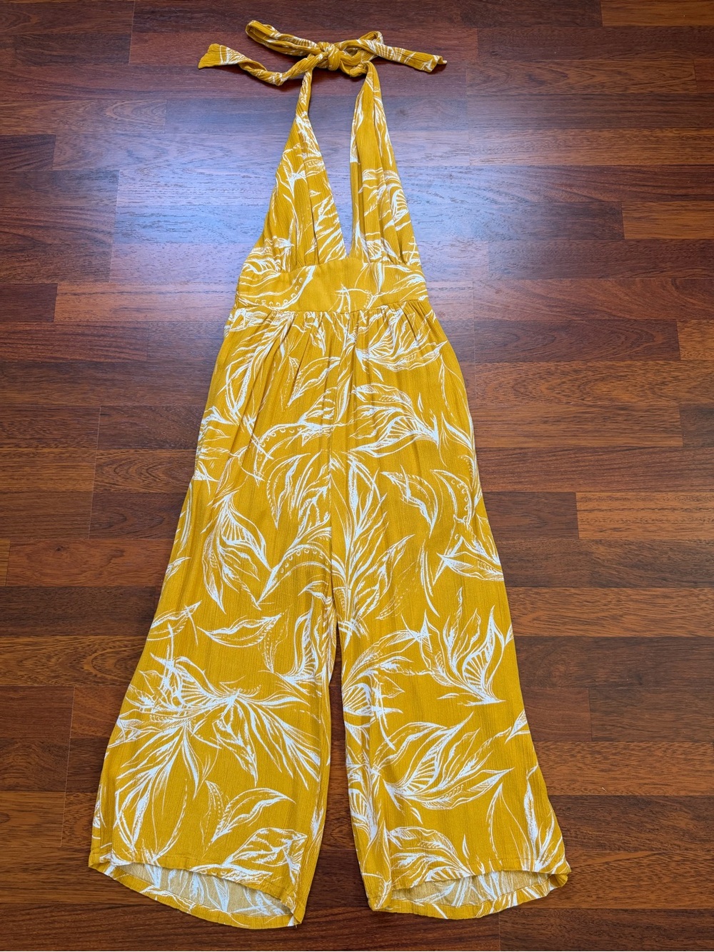 ILLA ILLA Mustard Halter Wide-Leg Jumpsuit with White Leaf Print